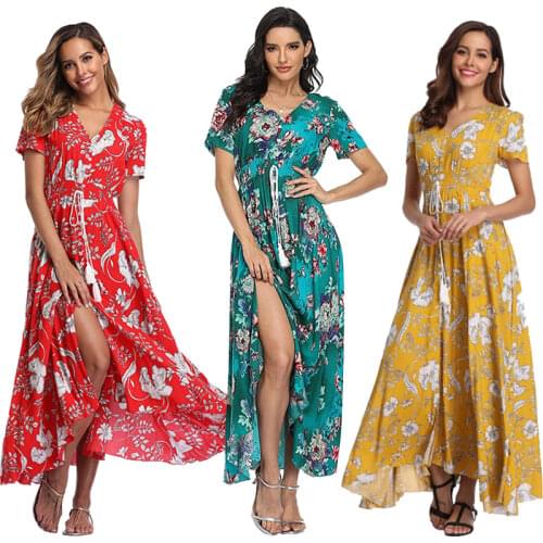 Witbuy Bohemian Print Woman Summer Maxi Dress V Neck Draw String Lady Short Sleeve With Button Elegant Sundress For Women 2021