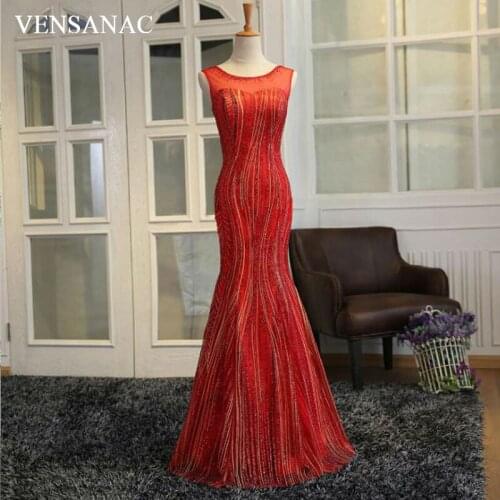 VENSANAC New 2018 Mermaid Sequined Embroidery O Neck Long Evening Dresses Sleeveless Elegant Lace Crystal Party Prom Gowns