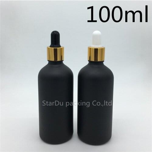 12pcs 100ml black frosted glass essential oil bottle with shiny gold ring dropper glass perfume bottle