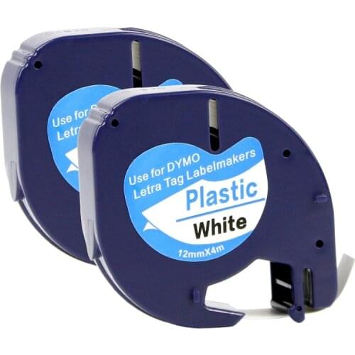 2PK 91201 91202 12mm Black on White Compatible for DYMO Letratag Plastic Tape LT 91331 LT91201 12267 18769 18771 LT-100H LT-100T