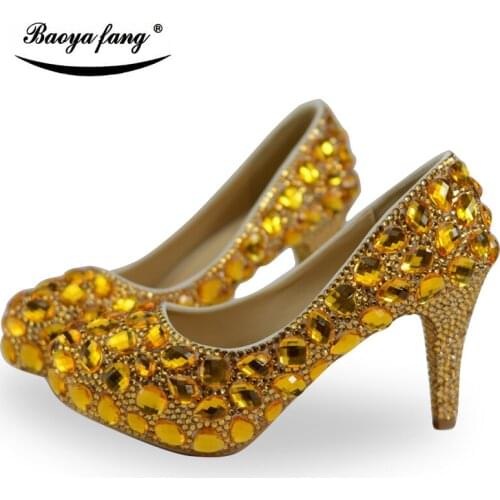 BaoYaFang Golden crystal Womens Wedding shoes High heels Platform shoes woman party dress shoes Big size female shoes round toe