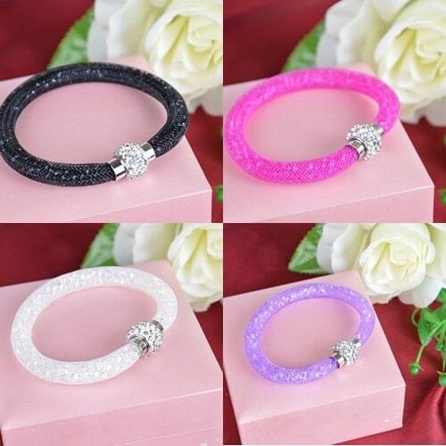 Mesh Tube Bracelet Exquisite Plastic Net Thread Cord with Rhinestone Clay Pave & resin lucite Rhinestone