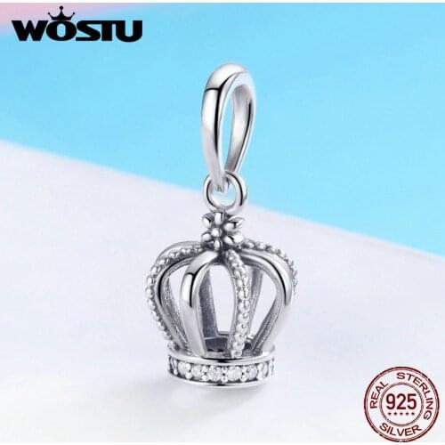 WOSTU 925 Sterling Silver Princess Crown Clear CZ Beads Charms fit Original Women Bracelet Bangle Fashion Jewelry FIC781