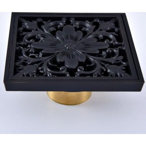 Black Oil Rubbed Bronze Carved Flower Pattern Bathroom Shower Drain 4" Square Floor Drain Waste Grates Bathroom Accessory mhr066
