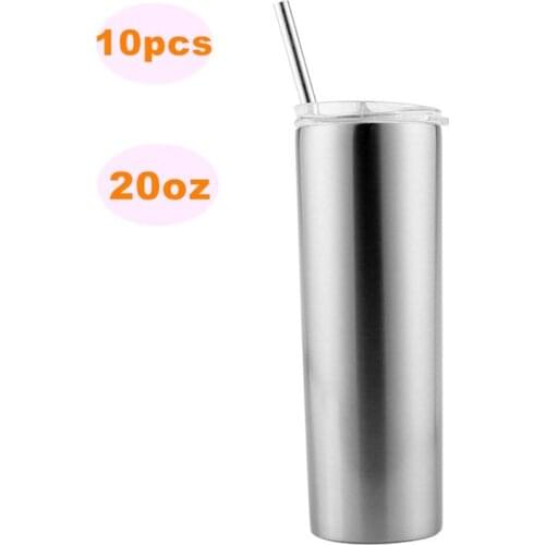 10pcs 20oz Sublimation Blank Silver Skinny Tumbler Stainless Steel Insulated Water Bottle Double Wall Vacuum Travel Cup