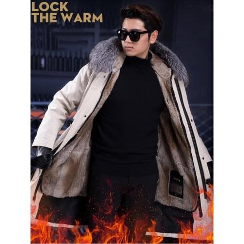 Long Trench Coat Men Detachable Real Rabbit Fur Liner Silver Fox Fur Collar Parka Autumn and Winter New Trench Coat Men