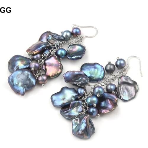 GG Jewelry Natural Cultured Peafowls Black Potato Pearl Keshi Pearl Earrings 925 Sliver Hook Dangle Earrings Classic For Women