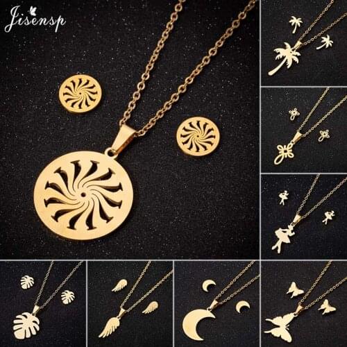 Jisensp Simple Fashion Stainless Steel Jewelry Sets Geometric Round Tree Leaf Moon Pendant Necklace Earrings for Women Best Gift