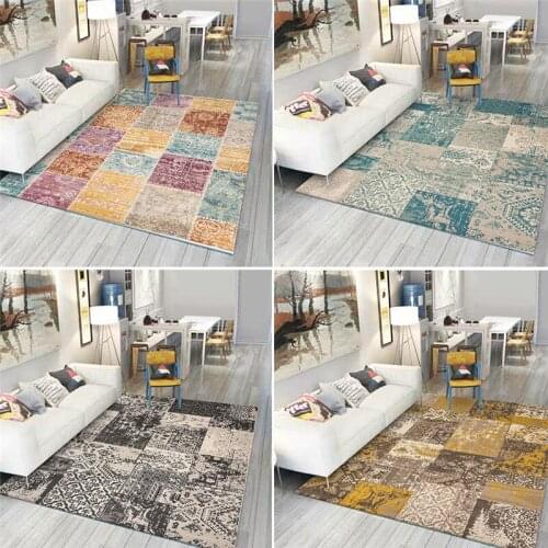 American-Style Retro Rug Geometric Mosaic Blue Yellow Black Multi-Color Carpet Living Room Bedroom Bed Blanket Kitchen Floor Mat