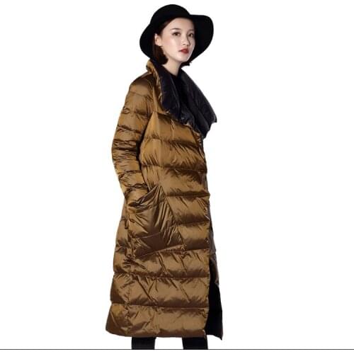 High Quality Women Double Sided Down Long Jacket Winter Turtleneck White Duck Down Coat Double Breasted Warm Parkas Snow Outwear
