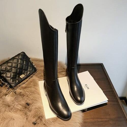 MKKHOU Fashion Knee Boots Womens New Four Seasons Leather Round Toe Mid-heel Boots Womens All-match Knight Boots High Boots