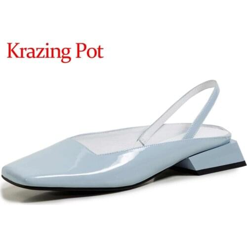 Krazing Pot cow patent leather square toe med heels strange style mules concise style British school slip on women sandals L66