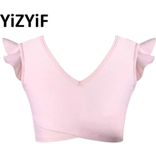 New Kids Girls Dance Tops V Neck Ruffle Sleeveless Straps Hollow Out Open Back Active Workout Ballet Dancewear Exercise Bra Top
