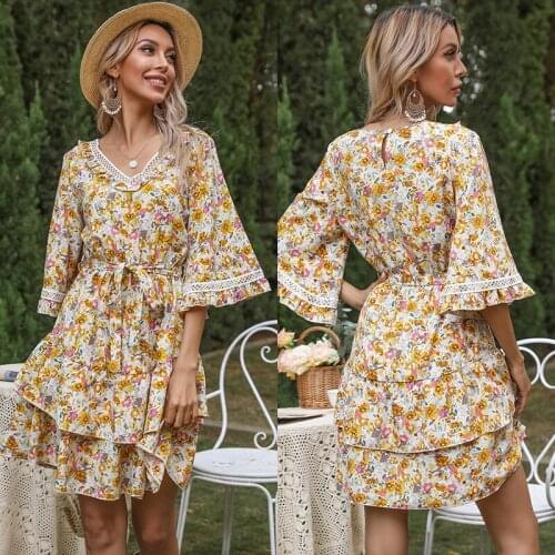 2021 summer new style womens dress fashion trumpet sleeve printing stitching lace lace ruffled womens dress