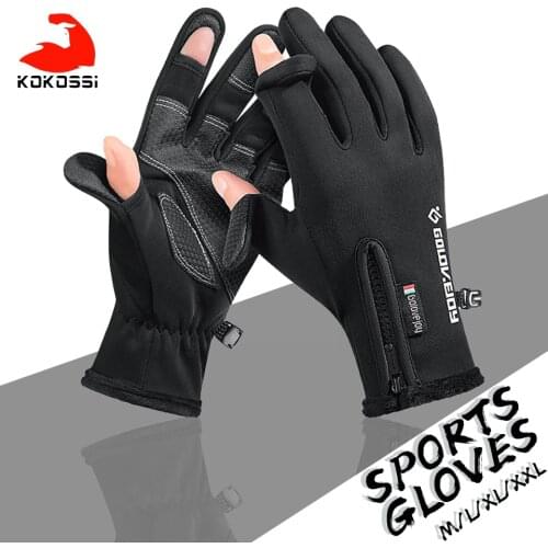 KoKossi 1 Pair Winter Anti-slip Touch Outdoor Fishing Gloves 2 Cut Finger Sports Gloves Men Cycling Gloves Thermal Warm
