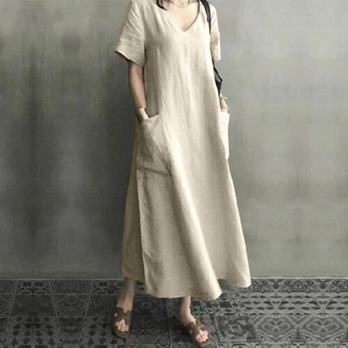 Plus Size Women Shirt Dress Vintage Casual Cotton Linen Midi Dress Kaftan 2021 Summer Sundress Tunic Vestidos V Neck Robe Femme