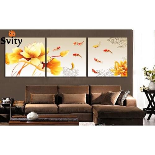 Hand-painted Group Oil Painting picture print on canvas 3 Panel Wall Art Painting Golden lotus "nine fish print On Canvas