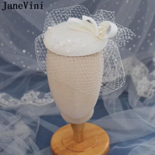 JaneVini Ivory Pearls Sequined Bridal Hat with Veil Short Mesh Weddings Hat for Bride Cap Fashion Church Womens Party Headwear