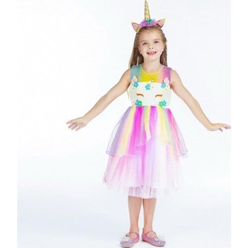 Girls Rainbow Unicorn Dress Dance Ball Dress Birthday Party Gift for Purim Halloween Cosplay Costume with Unicron Headband
