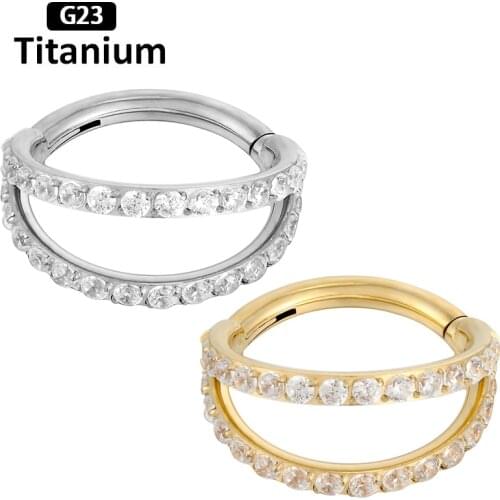 G23 Titanium Hinged Segment Zircon stone 2 Fans Out Design Side Nose Ring Stud Cartilage Helix Fashion Piercing Jewelry