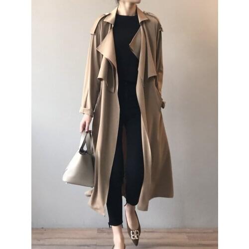 TE008 Korean Version Of Fashion Temperament Long Windbreaker Jacket With Belt Womens Lapel Adjustable-Waist Solid Trench Coat