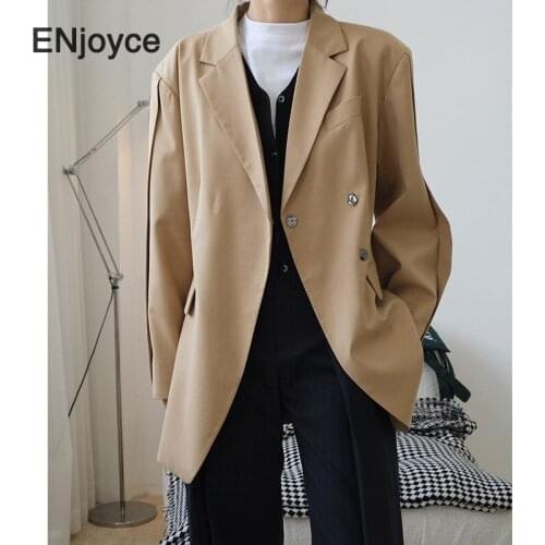 Women Wool Lapel Blazer Spring Fall Korean Blogger Style Retro Slanting Placket Suit Fashion Ladies Overcoat Workwear Coat