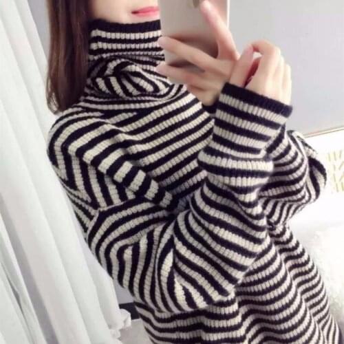 Ladies Sweater Turtleneck Loose Lazy Style 2020 New Long-sleeved Striped Knitted Bottoming Shirt Turtleneck Knit Long Sleeve