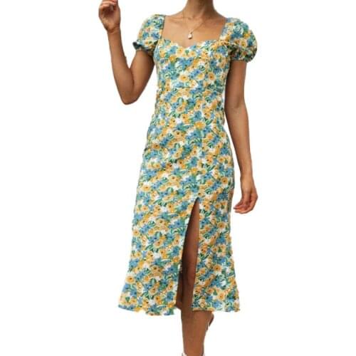 Slash Neck Elegant Floral Print Dress Lantern Sleeve Front Split Vintage Midi Women Dresses Boho Summer Dress Vestidos Mujer