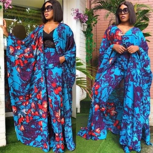 2 Piece Set Women Africa Clothes African Dashiki New Fashion Two Piece Suit Long Coat Tops + Wide Pants Party Plus Size For Lady
