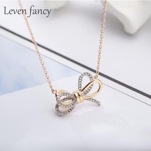 925 Sterling Silver Rhinestone Bow Necklace Bowknot Zirconia Pendant Choker Wedding Jewelry Gifts Rose Gold Necklaces for Women