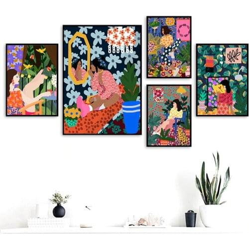 Abstract Fashion Vintage Girl Plant Dog Poster Wall Art Canvas Painting Nordic Colorful Illustration Pictures for Living Room