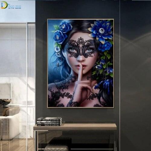 Diy Diamond Painting Lace Mask Woman Embroidery Blue Flower Portrait Cross Stitch New Arrivals Square/Round Rhinestone Decor