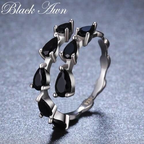 Blcak Awn New bijoux Trendy 925 Sterling Silver Fine Jewelry Black Spinel Engagement Ring for Women Anillos Mujer G062