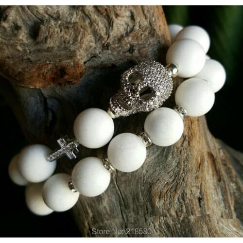 White Riverstone Beads Stretch Bracelets Micro Pave Skull and Cross Bracelets set SE22693
