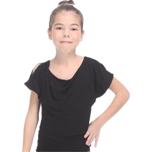 Kids Black T-shirt Cotton Short Sleeve with Open Side Dance Tops Girls Modern Dancewear