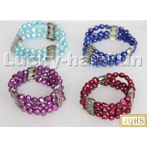 Stretch 8" 3row Baroque navy blue purple sky-blue wine red pearls bracelet c279