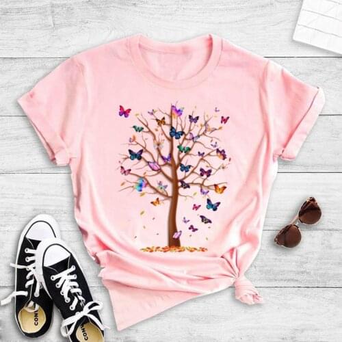 Summer Womens T-shirt Brand Letter Printing Fashion T-shirt Female Butterfly Tree Harajuku Short Sleeve T-shirt Casual T-shirt