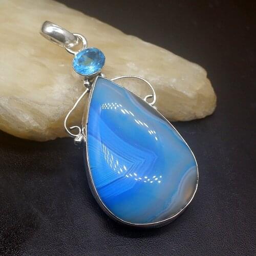 Gemstonefactory Jewelry Big Promotion Single Unique 925 Silver Shiny Blue Botswana Agate Topaz Lady Women Necklace Pendant 0218