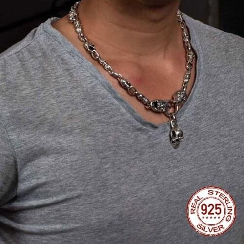 Handmade Lion necklace silver colour thick chain and skull pendant 100% 925 Sterling Silver colour necklace pendant Jewelry
