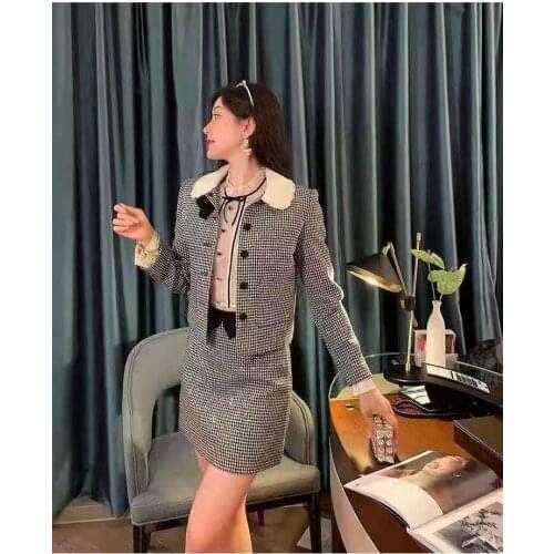 2021 summer new suit womens fashion long-sleeved bow tie doll collar set drill top high waist half skirt casual suit