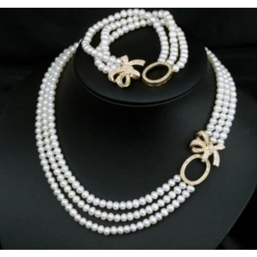 3 ROWS 9-10 MM ROUND WHITE PEARL NECKLACE 18"-19"-20"&BRACELET 8INCH