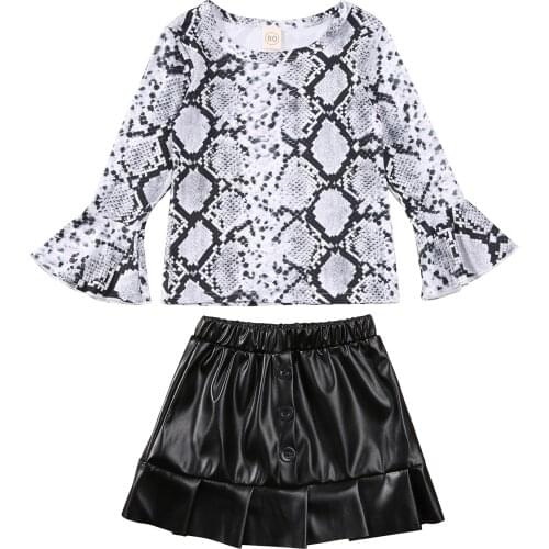 Fashion Kids Baby Girl Clothing Setes Long Flare Sleeves Serpentine T-Shirt+PU Leather Ruffles Skirts 2Piece Girl Outfits 1-6Y