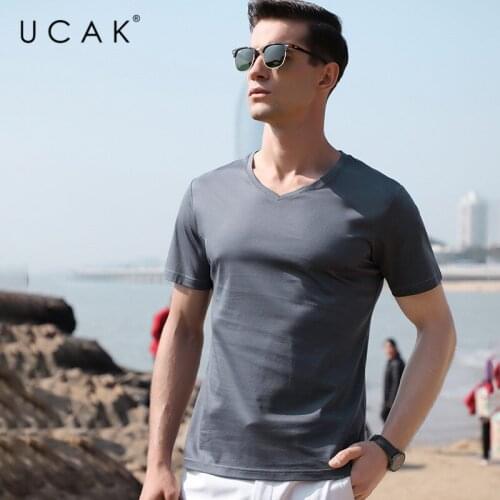 UCAK Brand 100% Cotton V-Neck T-Shirt Men Casual Streetwear Clothing Tshirt 2020 New Arrival Summer Solid Color T Shirt U5076