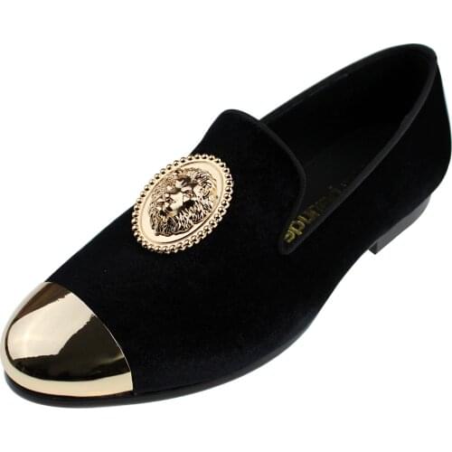 Harpelunde Mens Formal Shoes Lion Emblem Velvet Loafers With Copper Cap Toe