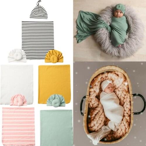 Newborn Solid Color Striped Snuggle Swaddle Blanket 2019 Baby Boys Girls Sleeping Bag Wrap Hats Cloth Photography Props 80*65cm
