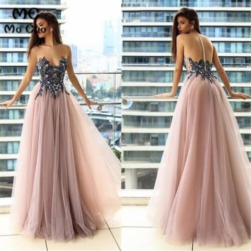 Sheer Neck Prom dresses Long with Appliques Beaded Tulle Womens dress for graduation Button Puffy Evening Party Prom Gowns