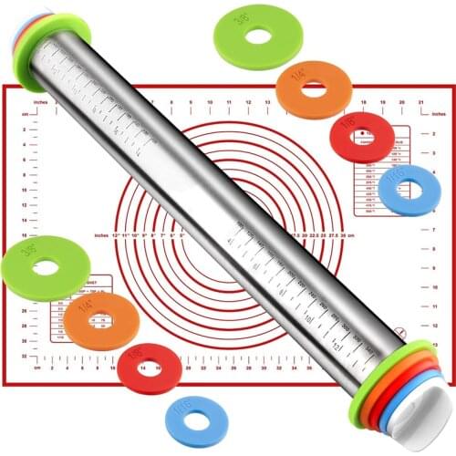 Adjustable Rolling Pin With Rings Pastry Mat Set For Baking Cookie Chapati Fondant Dough Pastry Pizza Pie Crust Kitchen Tools