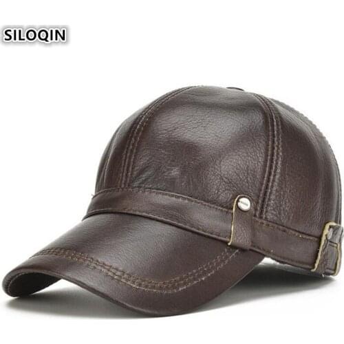 SILOQIN Snapback Cap Genuine Leather Hat Mens Cowhide Baseball Caps Adjustable Size Men Brand Leather Cap 2020 New Earmuffs Hat