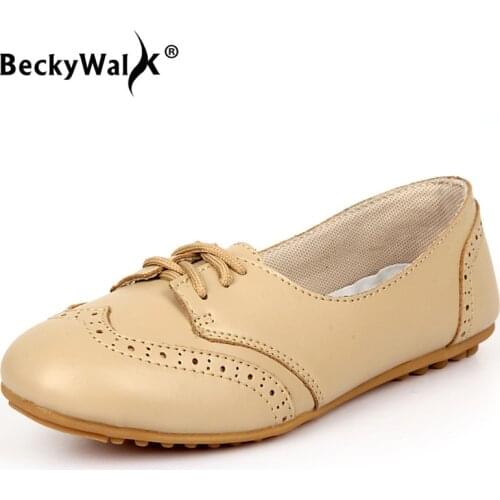 BeckyWalk Spring Womens Shoes Flat Lacing Ladies Shoes Solid Comfortable Student Shoes Woman Flats sapato feminino WSH2687