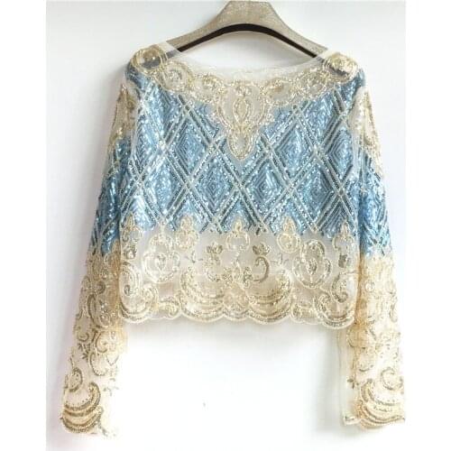 Vintage Lace Embroidery Geometric Long Sleeve Mesh Bling Party Sequin Blusas Mujer De Moda Blouse Women Ropa Mujer 7588